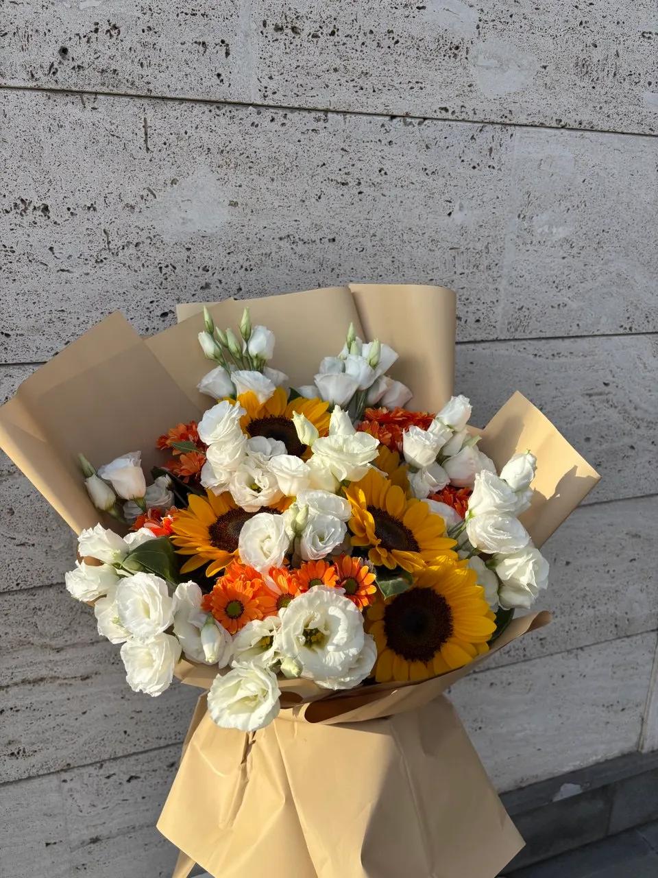 Creative colorful bouquet of 5 sunflowers, chrysanthemums and white lisianthus |Flowers for birthday | ծաղիկների առաքում Երևանում