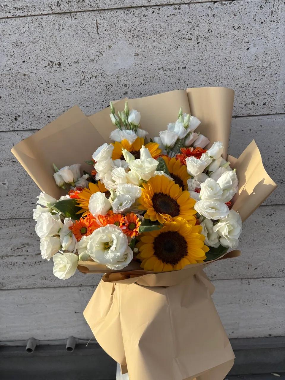 Creative colorful bouquet of 5 sunflowers, chrysanthemums and white lisianthus |Flowers for birthday | ծաղիկների առաքում Երևանում